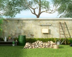 Mur de jardin en fond avec une echelle et des buches de bois à cote