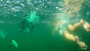 Plastique dans la mer avec un nageur